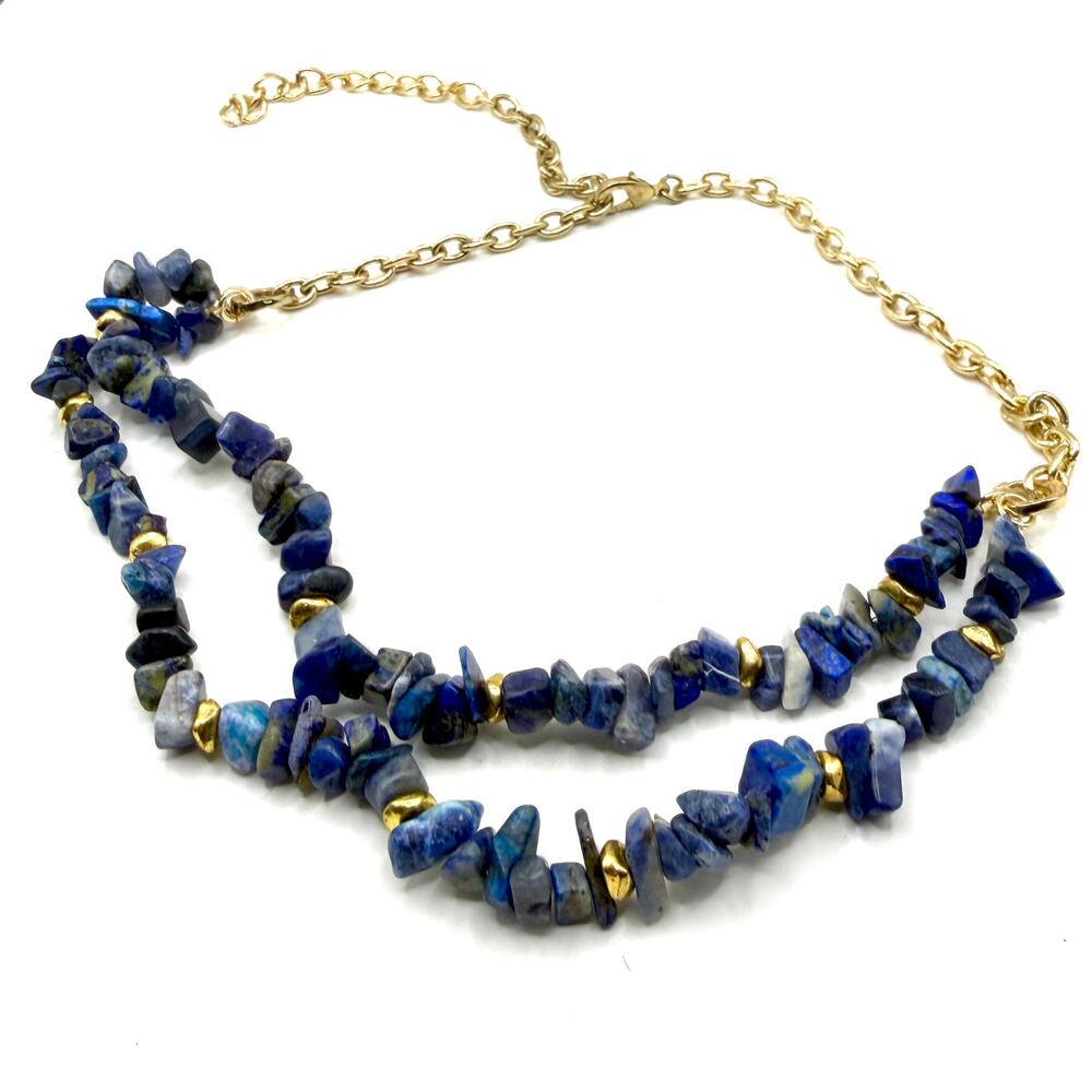 Vintage 90s Blue Sodalite Lapis Stone Chip Layered Double Strand Chain Necklace